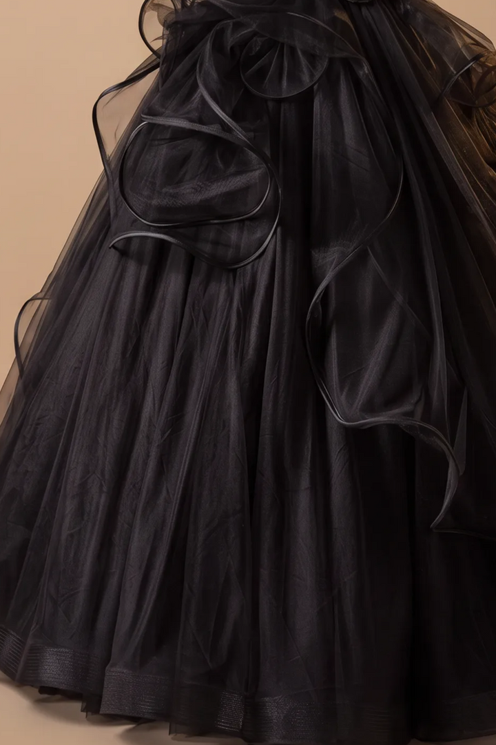 Gothic Black Tulle Ball Gown - Elegant Corset Back Wedding Dress with Floral Accents Plus Size