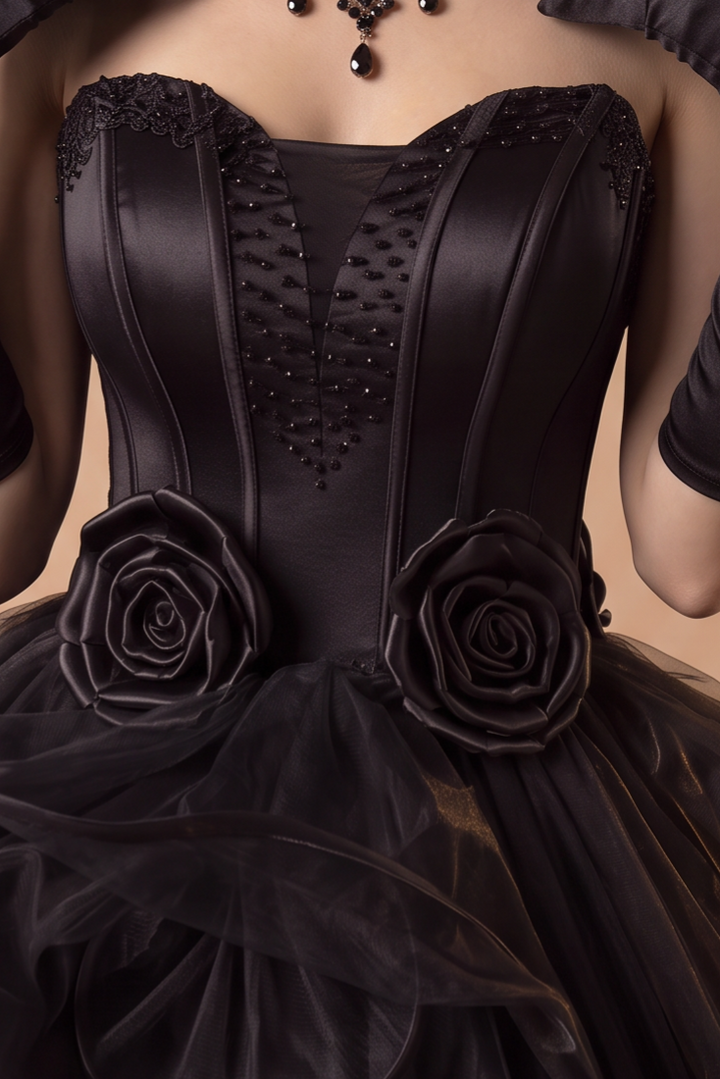 Gothic Black Tulle Ball Gown - Elegant Corset Back Wedding Dress with Floral Accents Plus Size