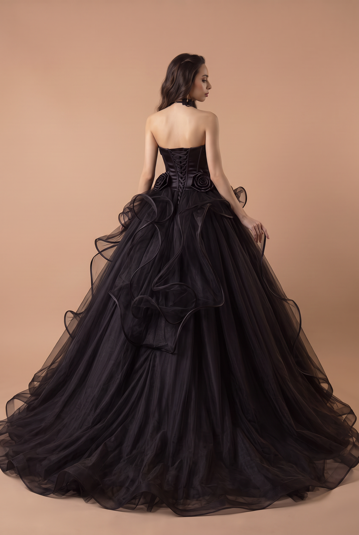 Gothic Black Tulle Ball Gown - Elegant Corset Back Wedding Dress with Floral Accents Plus Size