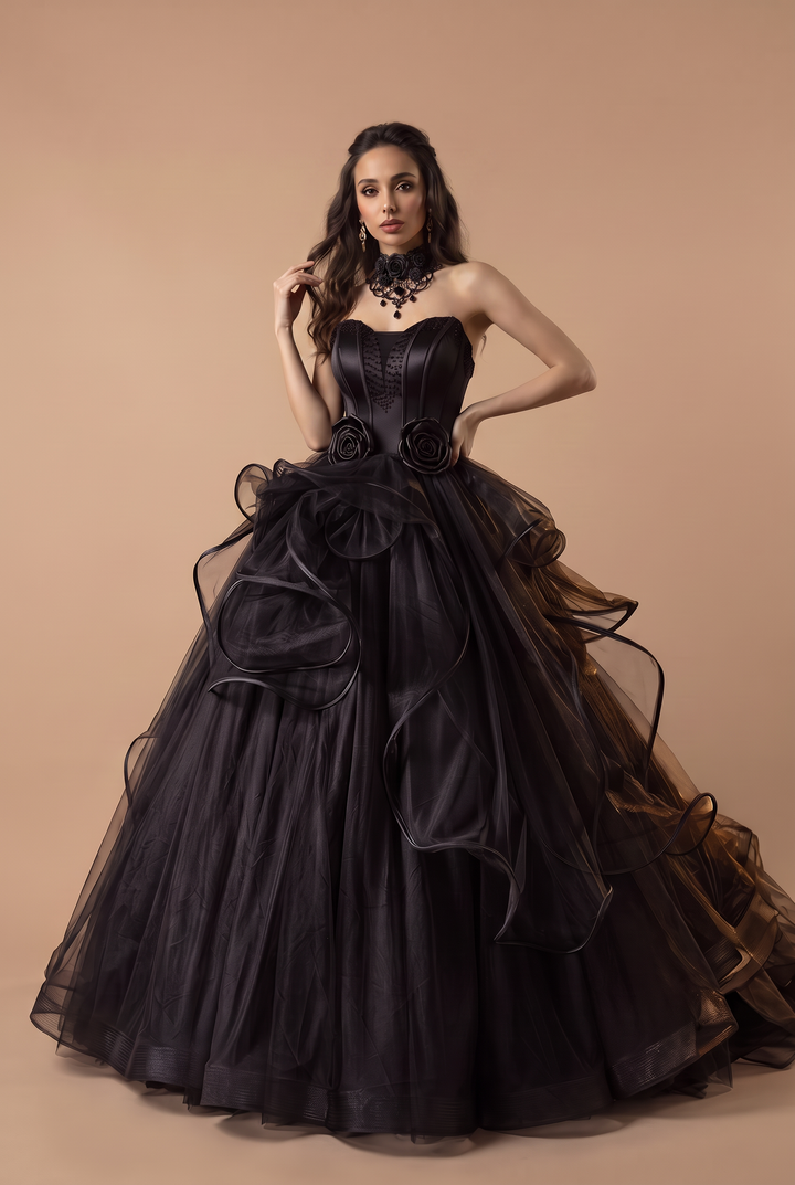Gothic Black Tulle Ball Gown - Elegant Corset Back Wedding Dress with Floral Accents Plus Size