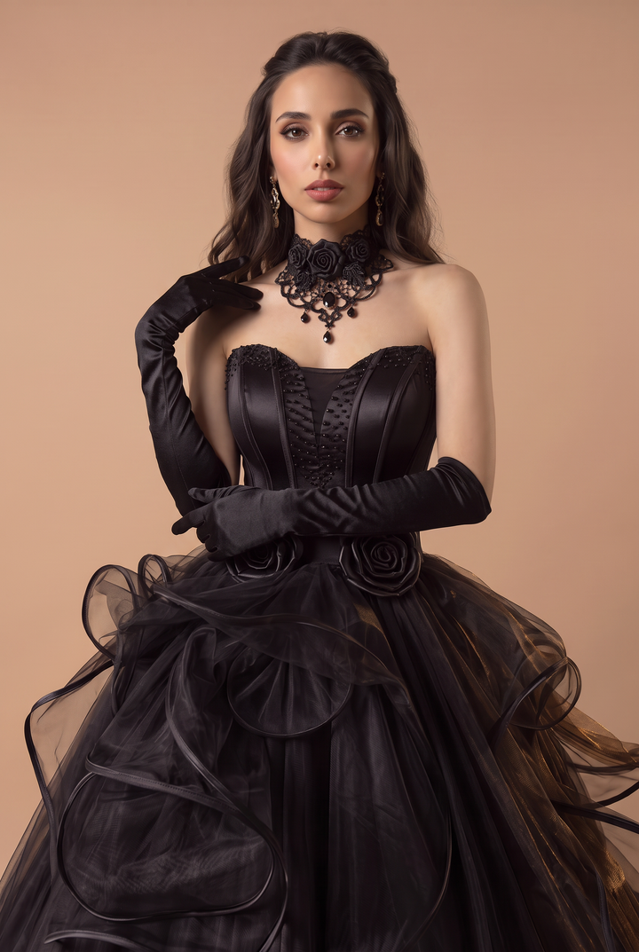 Gothic Black Tulle Ball Gown - Elegant Corset Back Wedding Dress with Floral Accents Plus Size