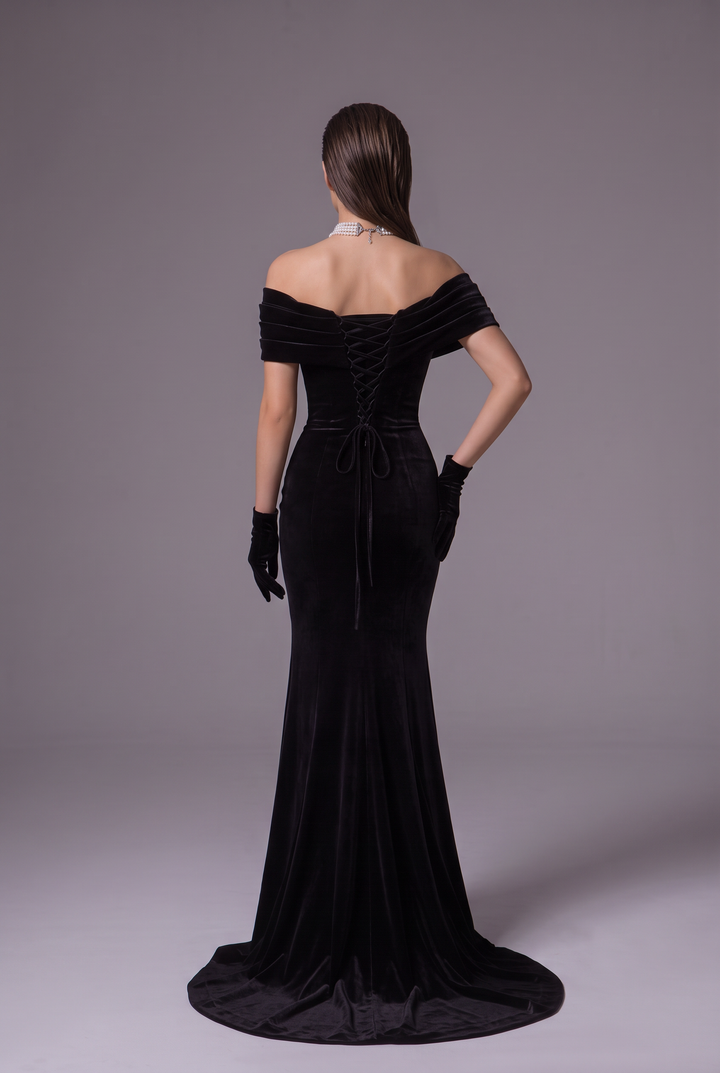 Gothic Black Victorian Off-the-Shoulder Velvet Evening Gown - Plus Size