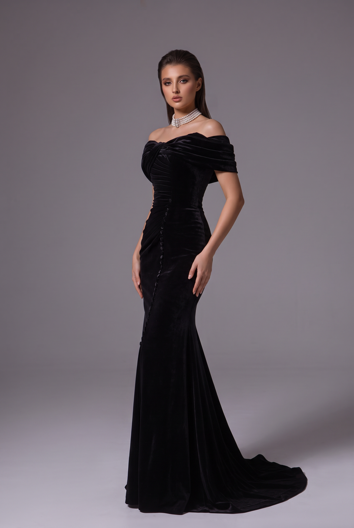 Gothic Black Victorian Off-the-Shoulder Velvet Evening Gown - Plus Size