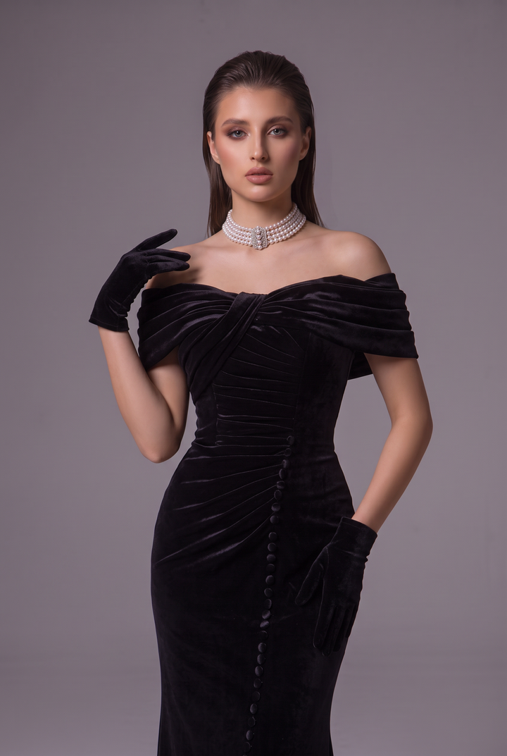 Gothic Black Victorian Off-the-Shoulder Velvet Evening Gown - Plus Size