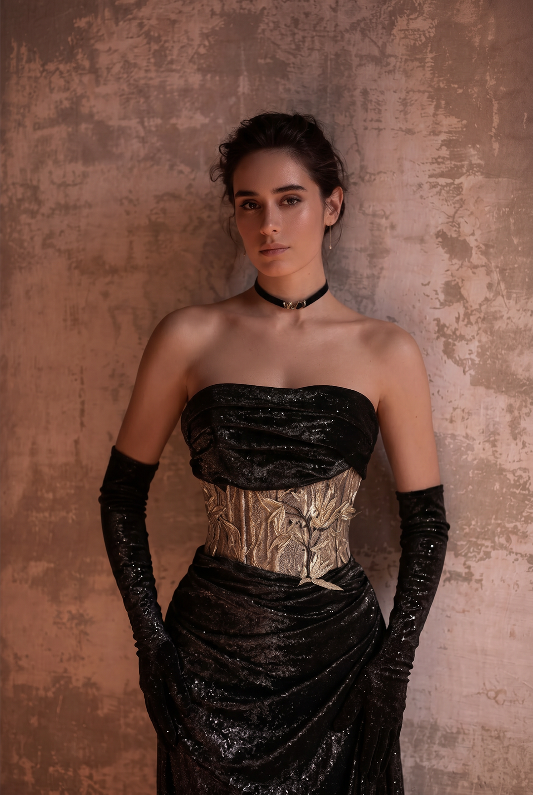 Gothic Black Wedding Dress - Corset Back Evening Gown with Metallic Accents Plus Size