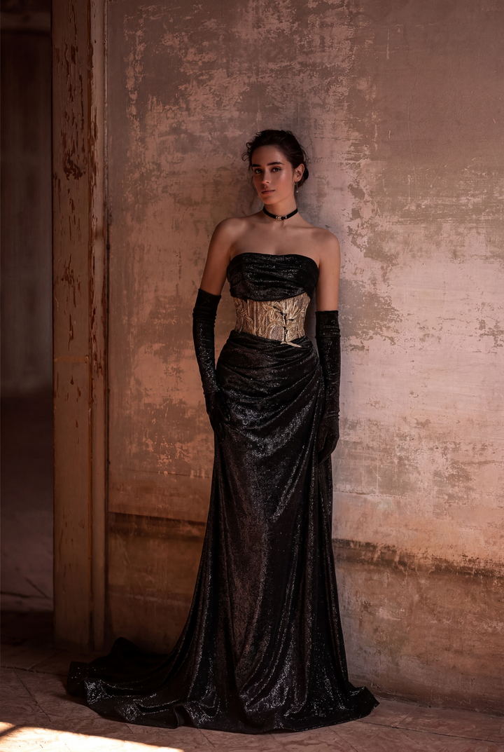 Gothic Black Wedding Dress - Corset Back Evening Gown with Metallic Accents Plus Size