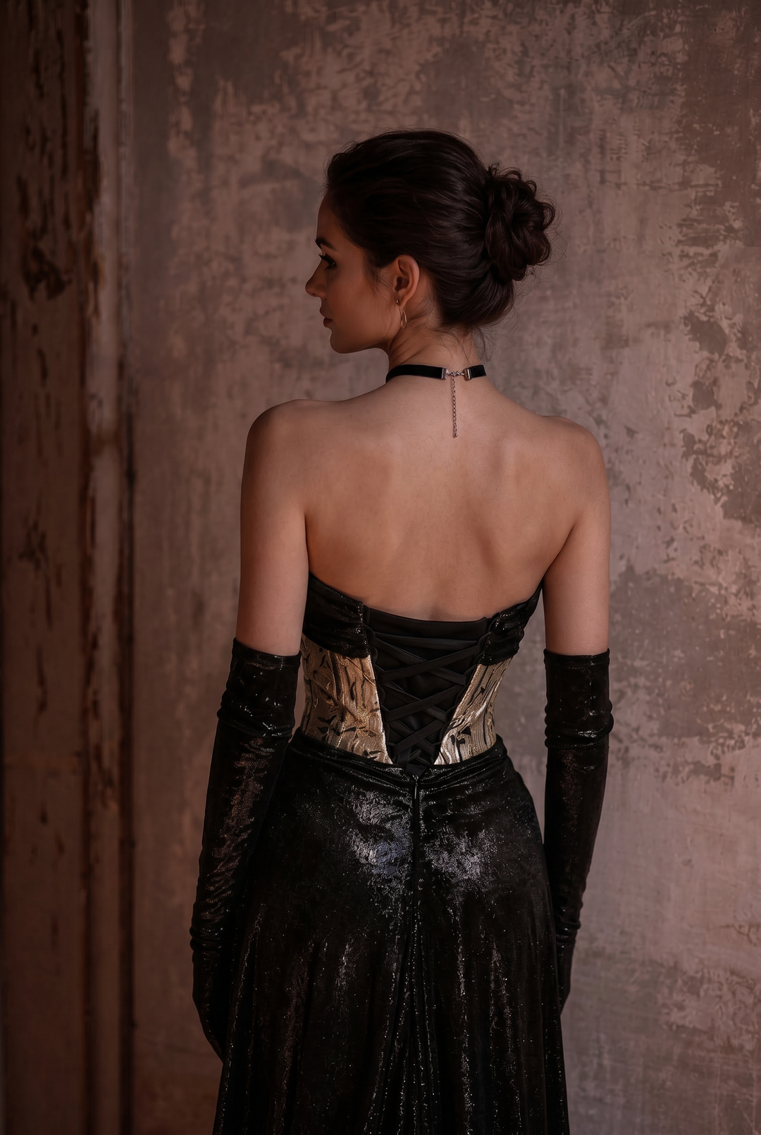 Gothic Black Wedding Dress - Corset Back Evening Gown with Metallic Accents Plus Size