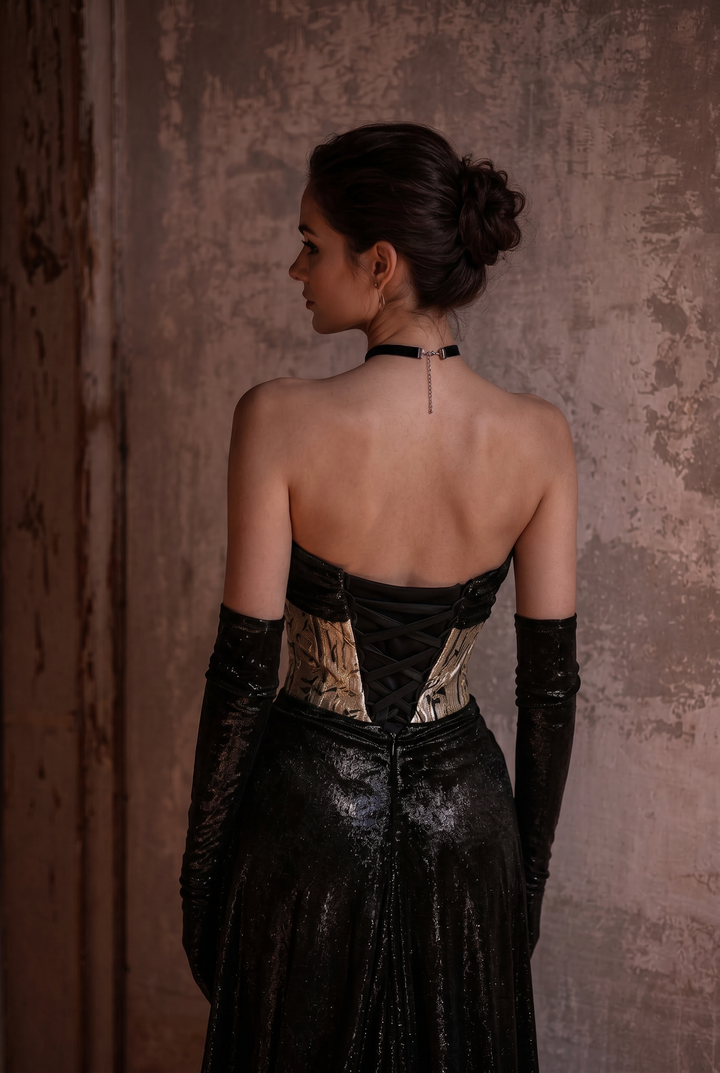 Gothic Black Wedding Dress - Corset Back Evening Gown with Metallic Accents Plus Size