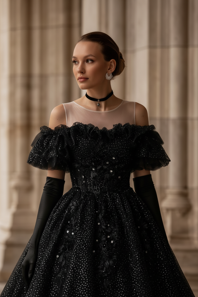 Gothic Schwarzes Hochzeitskleid mit perlenbesetzten Rüschen an den Schultern - Schwarzes Abendkleid mit Pailletten in Übergröße