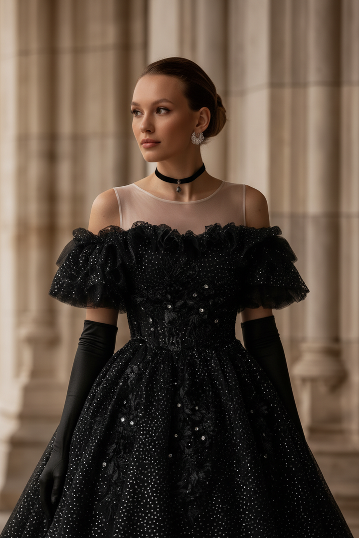 Gothic Schwarzes Hochzeitskleid mit perlenbesetzten Rüschen an den Schultern - Schwarzes Abendkleid mit Pailletten in Übergröße