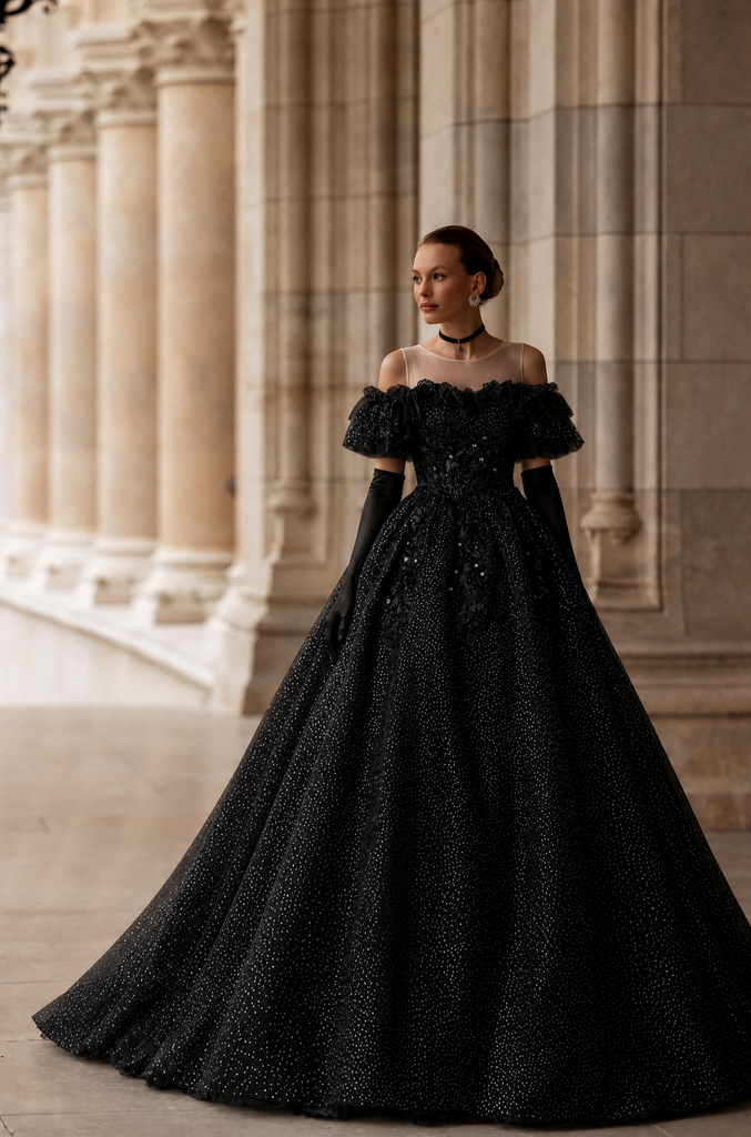 Gothic Black Wedding Dress with Beaded Ruffle Shoulders