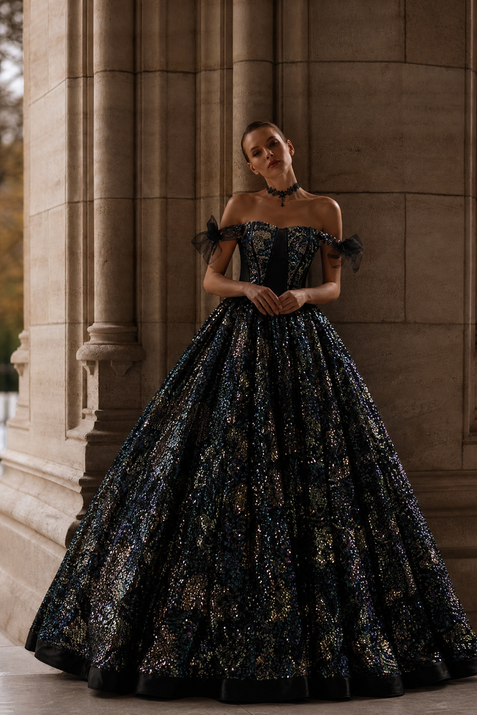 Gothic Black Wedding Dress with Shoulder Detail