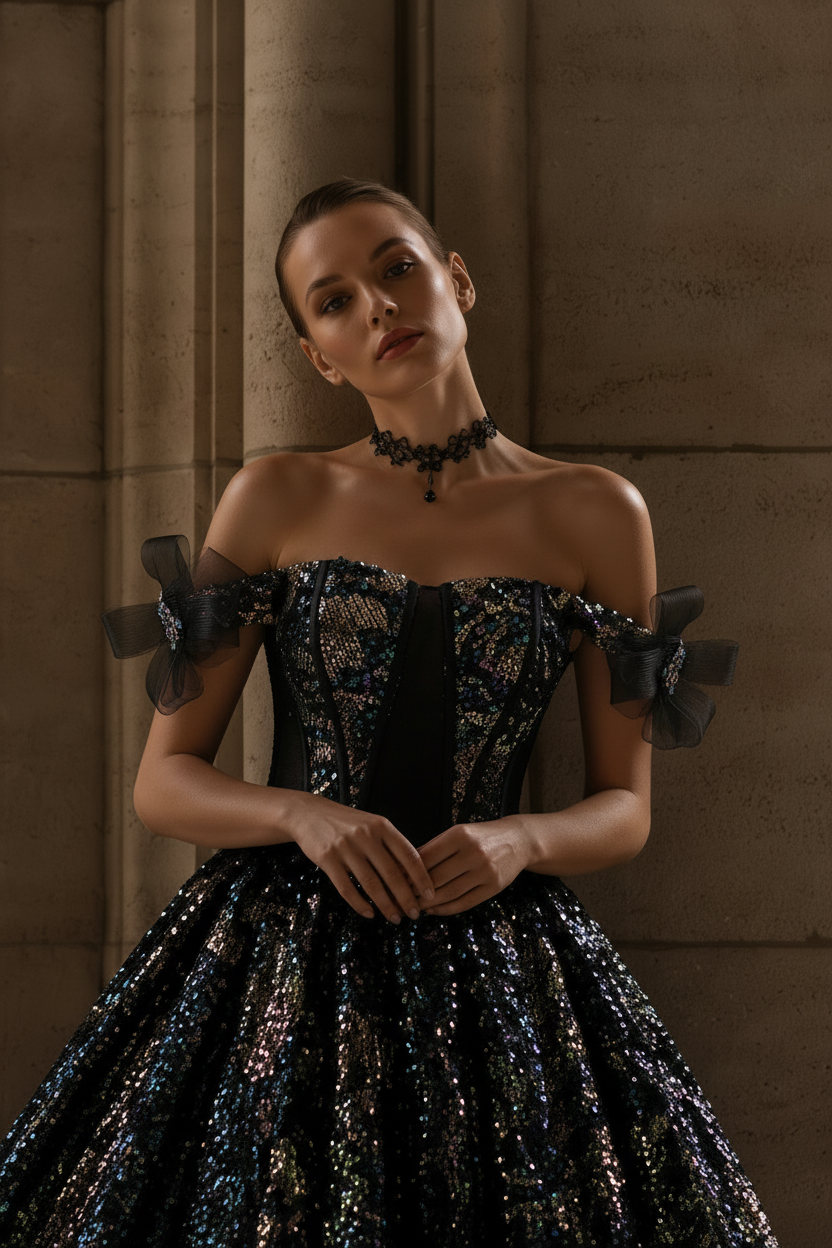 Gothic Black Wedding Dress with Shoulder Detail