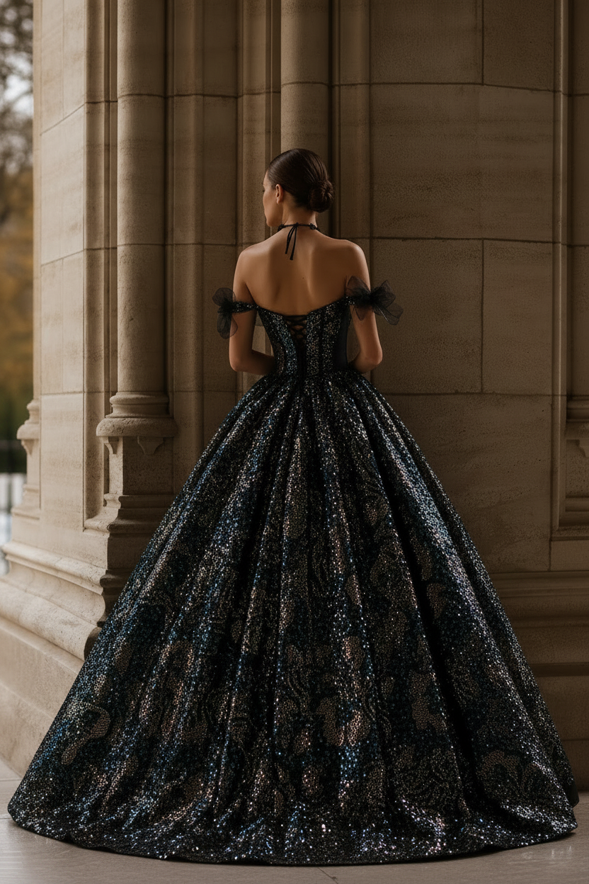 Gothic Black Wedding Dress with Shoulder Detail - Black Sequin Corset Evening Gown Plus Size Size 10 / Black / No Choker Gothic Black Wedding Dress with Shoulder Detail - Black Sequin Corset Evening Gown Plus Size Size 10 / Black / No Choker
