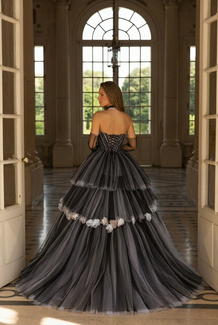 Gothic Black and Grey Wedding Dress - Layered Tulle Party Dress with Floral Embellishments Plus Size