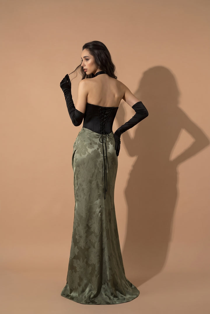 Gothic Black and Olive Green Mermaid Evening Gown - Green Evening Gown with Draped Skirt Plus Size