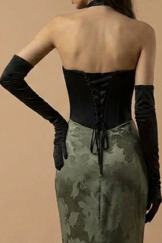 Gothic Black and Olive Green Mermaid Evening Gown - Green Evening Gown with Draped Skirt Plus Size