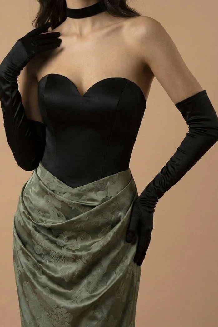 Gothic Black and Olive Green Mermaid Evening Gown - Green Evening Gown with Draped Skirt Plus Size