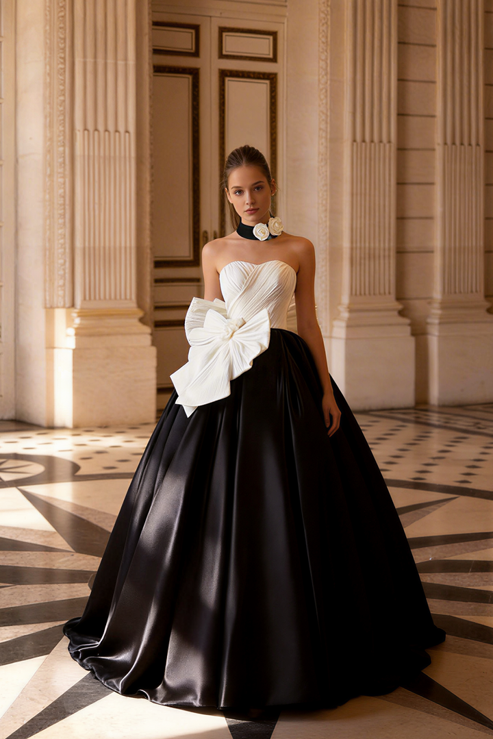 Gothic Black and White Ball Gown with Oversized Bow - Strapless Ball Gown - Elegant Formal Evening Dress Plus Size