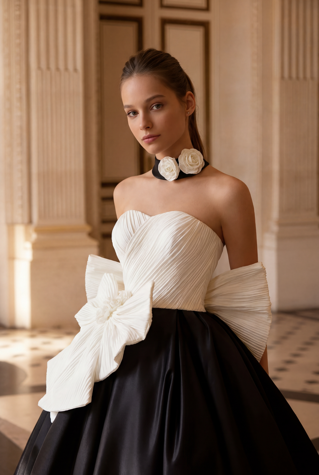 Gothic Black and White Ball Gown with Oversized Bow - Strapless Ball Gown - Elegant Formal Evening Dress Plus Size