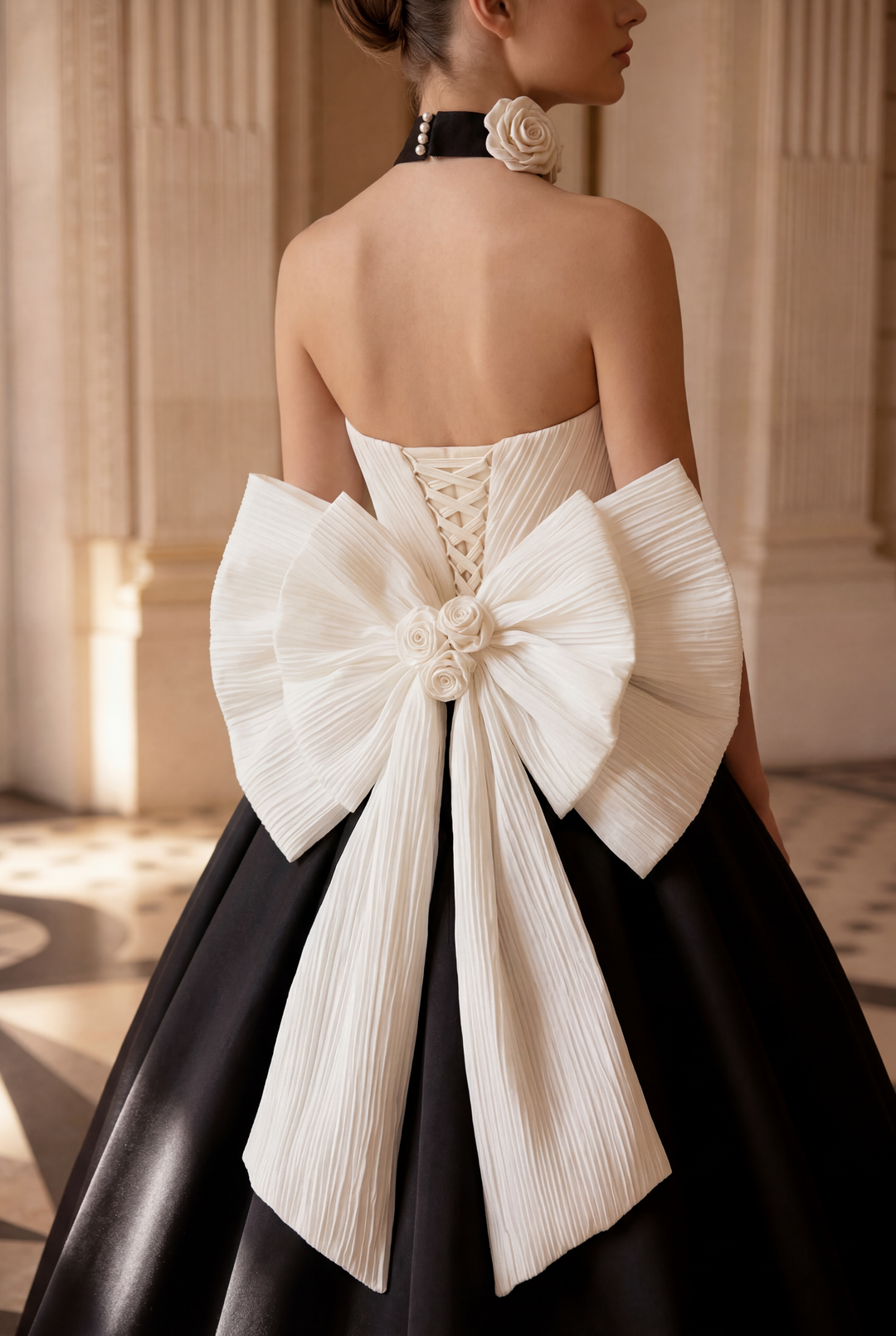 Gothic Black and White Ball Gown with Oversized Bow - Strapless Ball Gown - Elegant Formal Evening Dress Plus Size