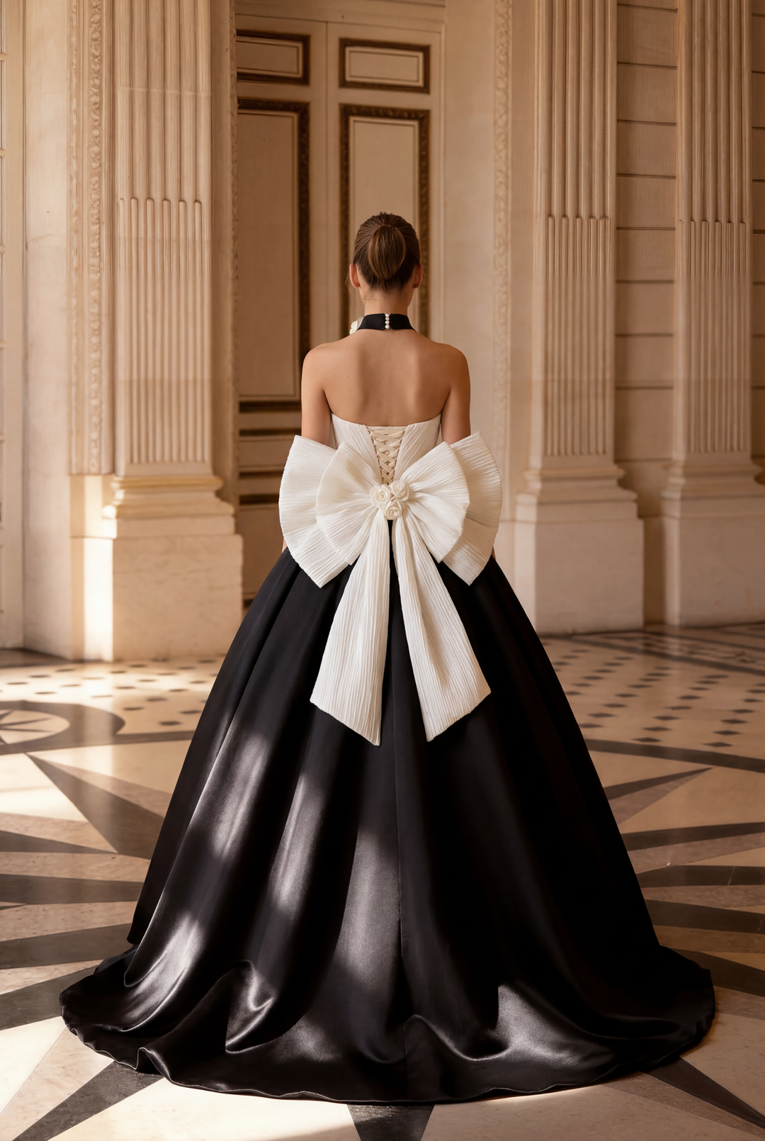 Gothic Black and White Ball Gown with Oversized Bow - Strapless Ball Gown - Elegant Formal Evening Dress Plus Size