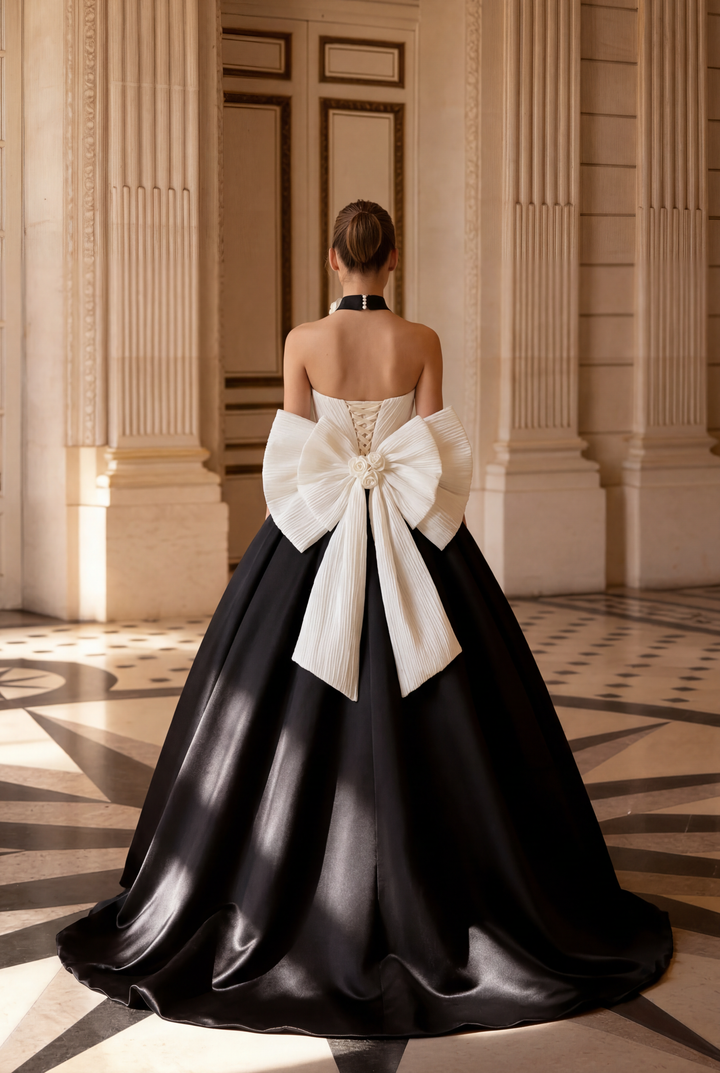 Gothic Black and White Ball Gown with Oversized Bow - Strapless Ball Gown - Elegant Formal Evening Dress Plus Size