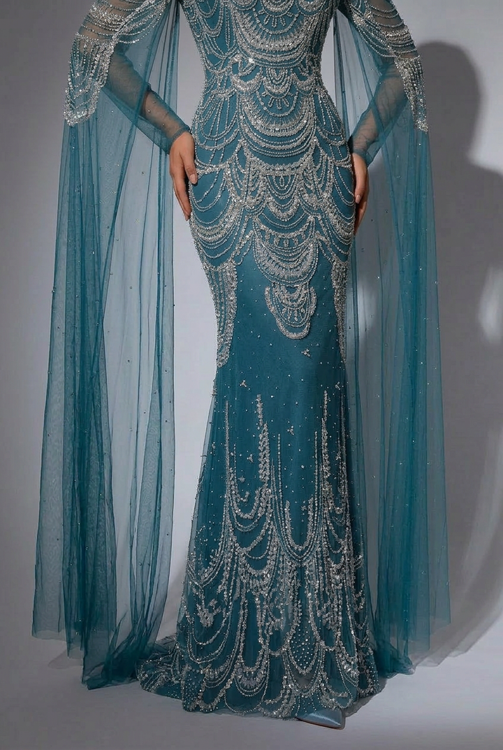 Gothic Blaues Pailletten Abendkleid mit Cape-Ärmeln - Hübsches Paillettenkleid mit Perlenbesatz in Übergröße