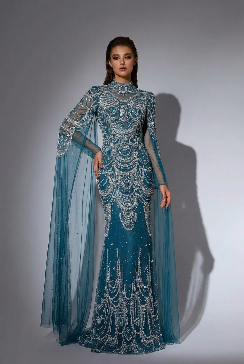 Gothic Blue Sequin Evening Gown with Cape Sleeves