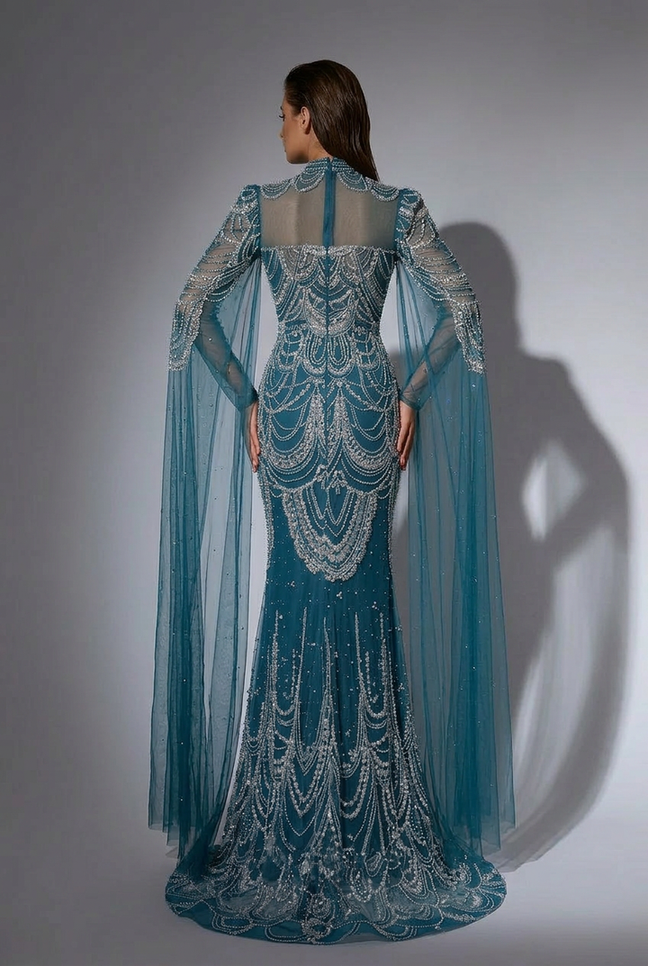 Gothic Blaues Pailletten Abendkleid mit Cape-Ärmeln - Hübsches Paillettenkleid mit Perlenbesatz in Übergröße