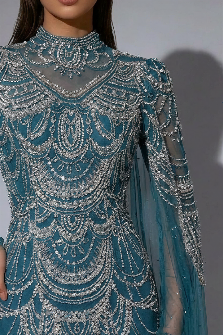 Gothic Blaues Pailletten Abendkleid mit Cape-Ärmeln - Hübsches Paillettenkleid mit Perlenbesatz in Übergröße