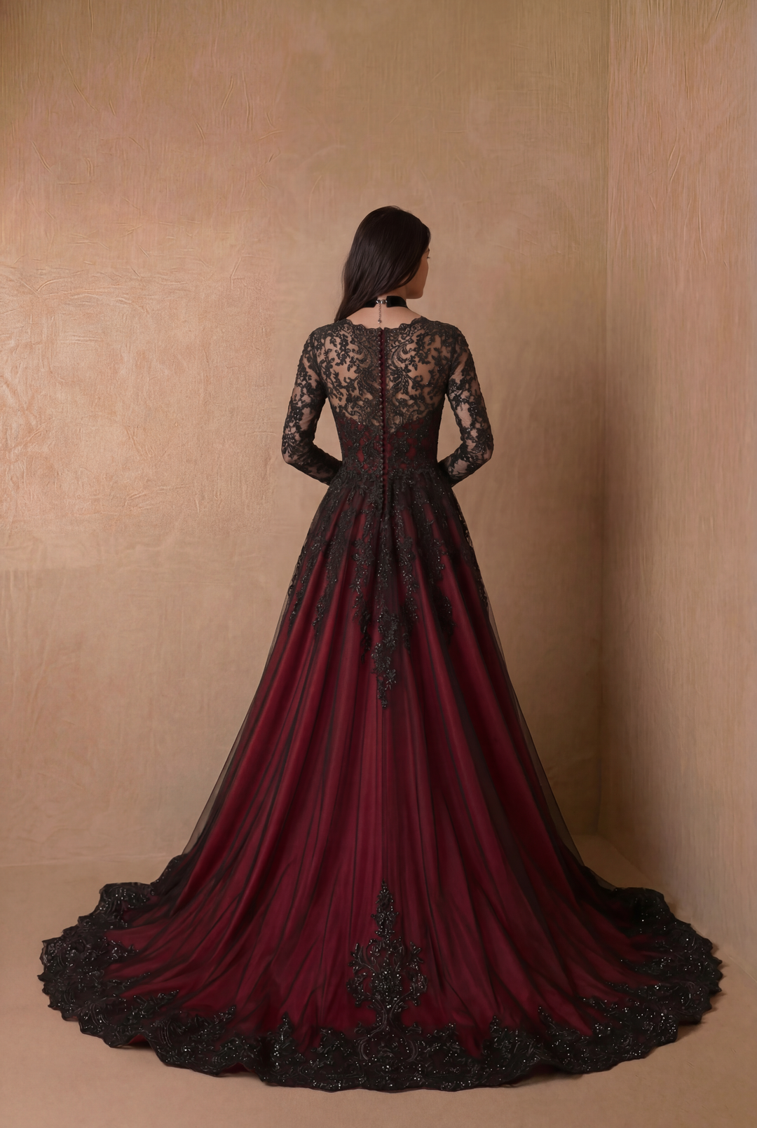 Gothic Burgundy Black Long Sleeve A-Line Wedding Dress with Floral Lace Embroidery Plus Size
