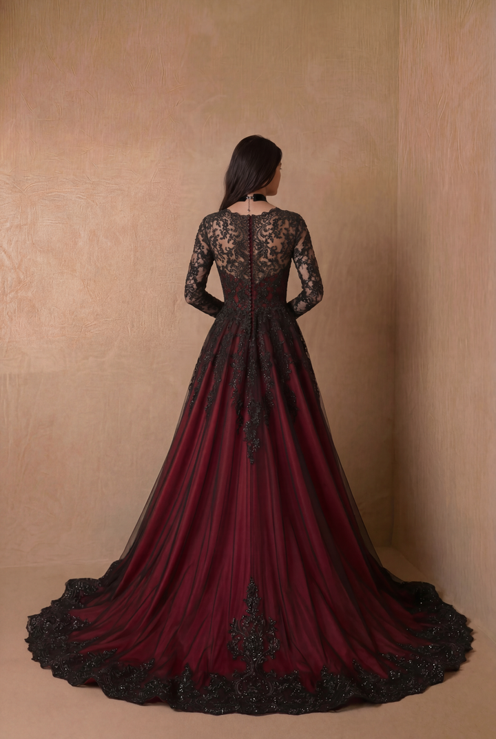 Gothic Burgundy Black Long Sleeve A-Line Wedding Dress with Floral Lace Embroidery Plus Size