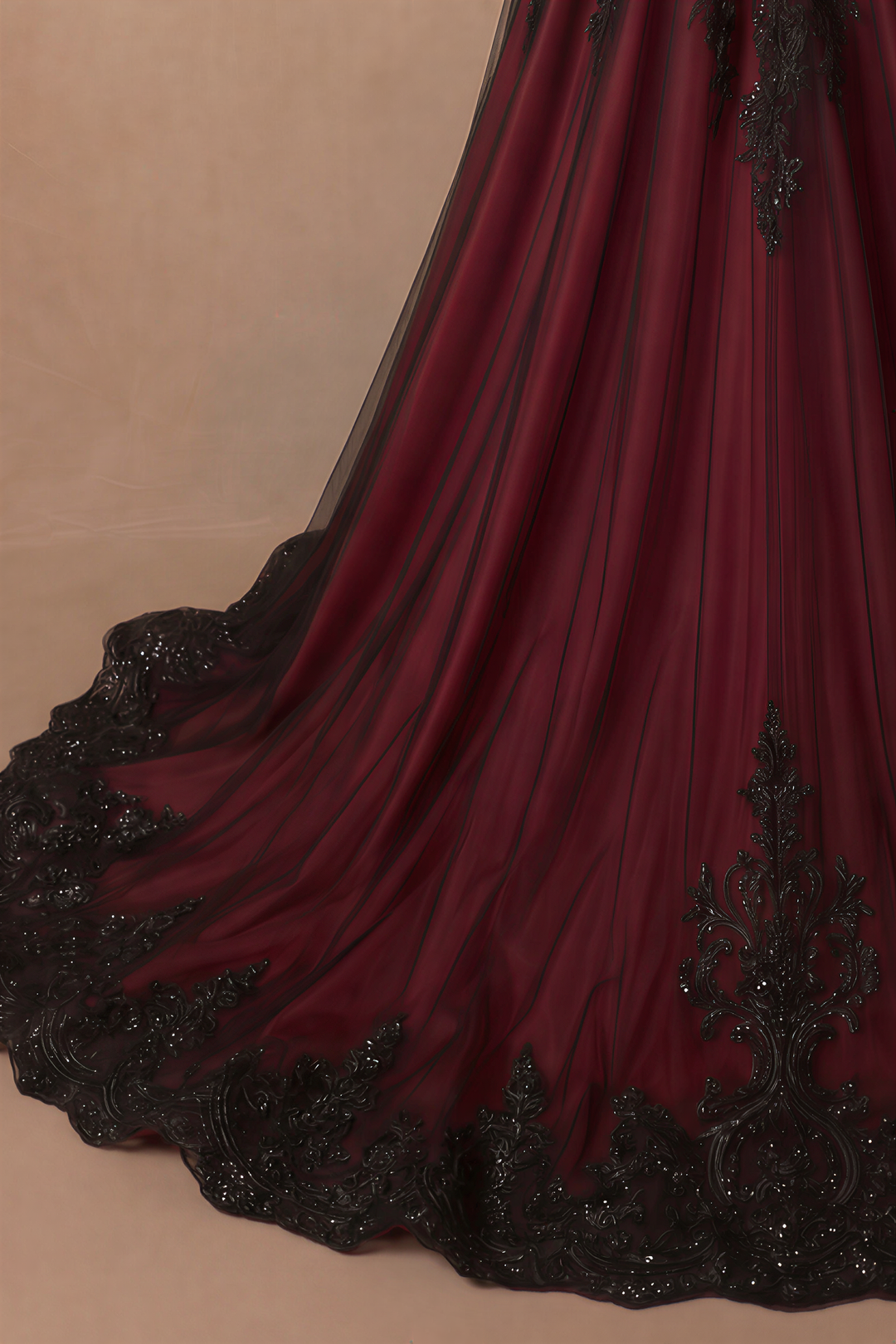 Gothic Burgundy Black Long Sleeve A-Line Wedding Dress with Floral Lace Embroidery Plus Size