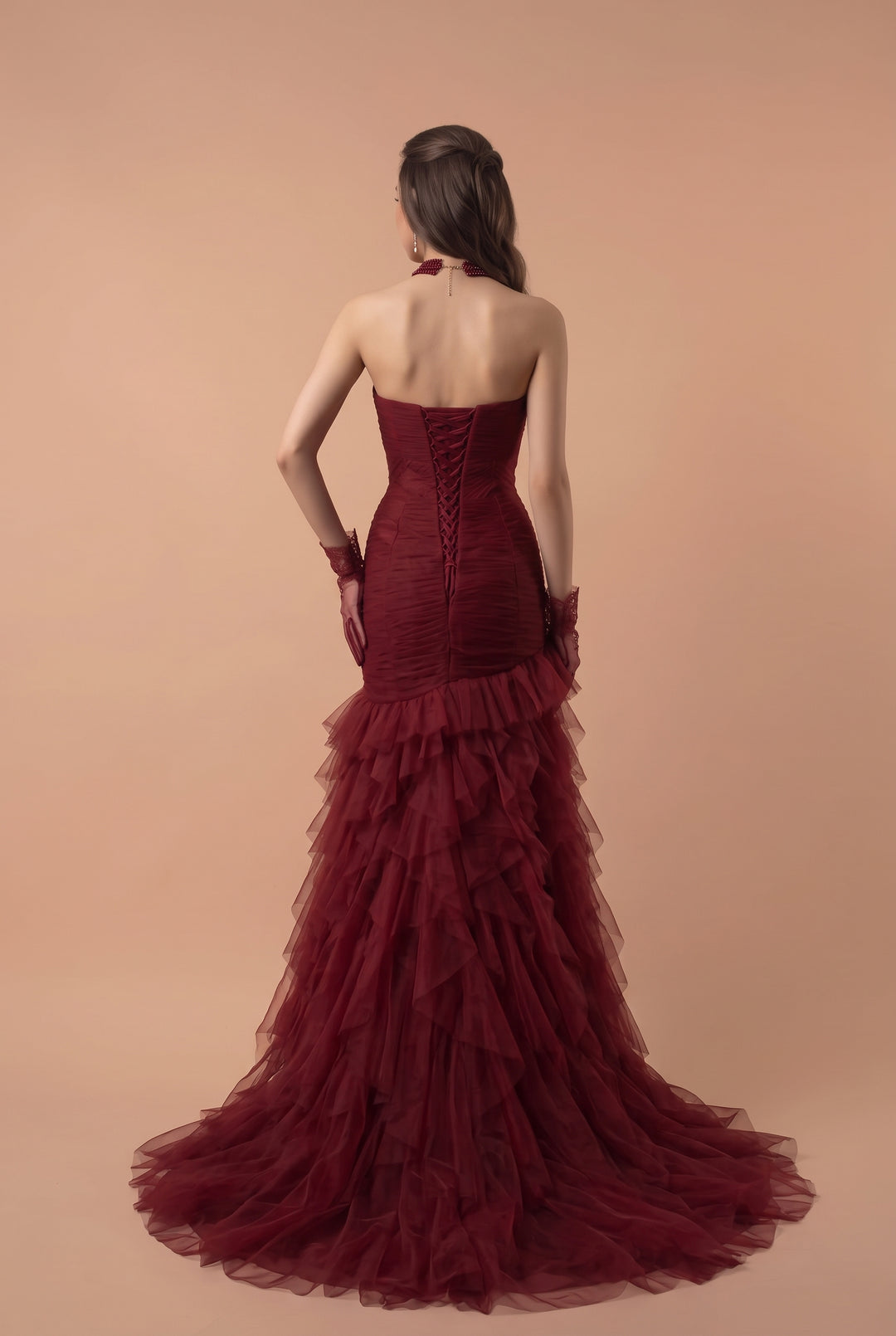 Gothic Burgundy Mermaid Wedding Dress with Ruffled Tulle - Elegant Bridal Gown Plus Size