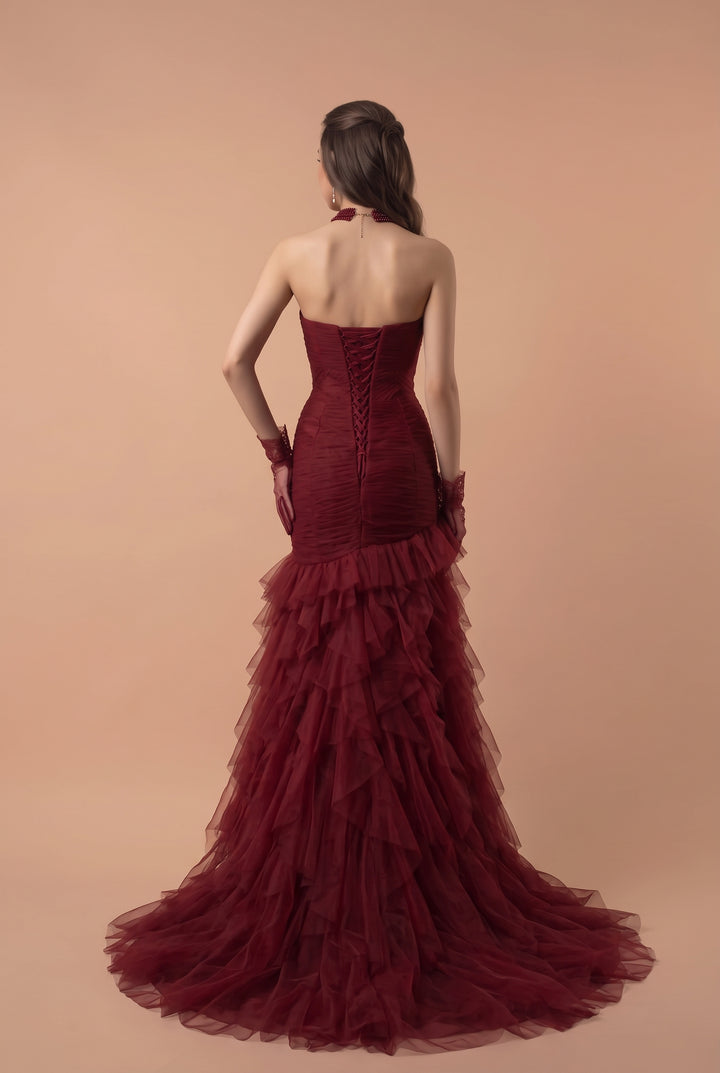 Gothic Burgundy Mermaid Wedding Dress with Ruffled Tulle - Elegant Bridal Gown Plus Size