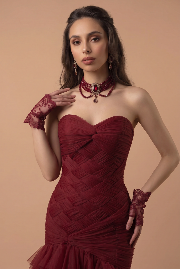 Gothic Burgundy Mermaid Wedding Dress with Ruffled Tulle - Elegant Bridal Gown Plus Size