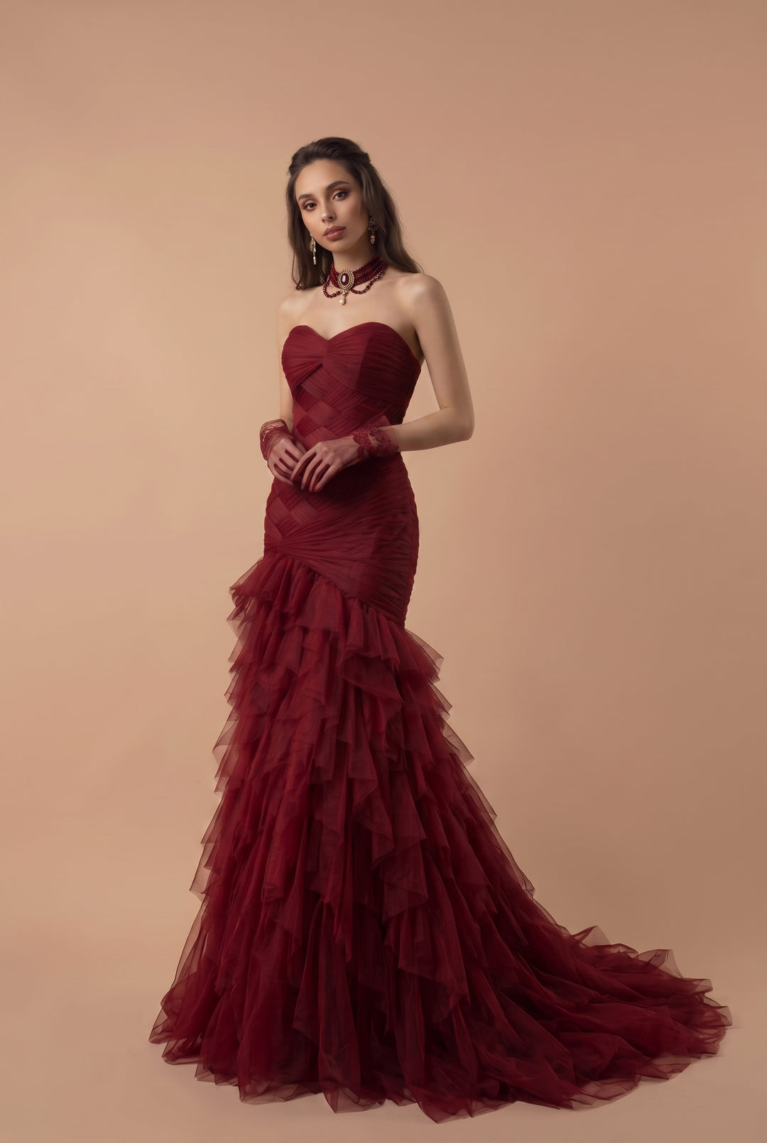 Gothic Burgundy Mermaid Wedding Dress with Ruffled Tulle