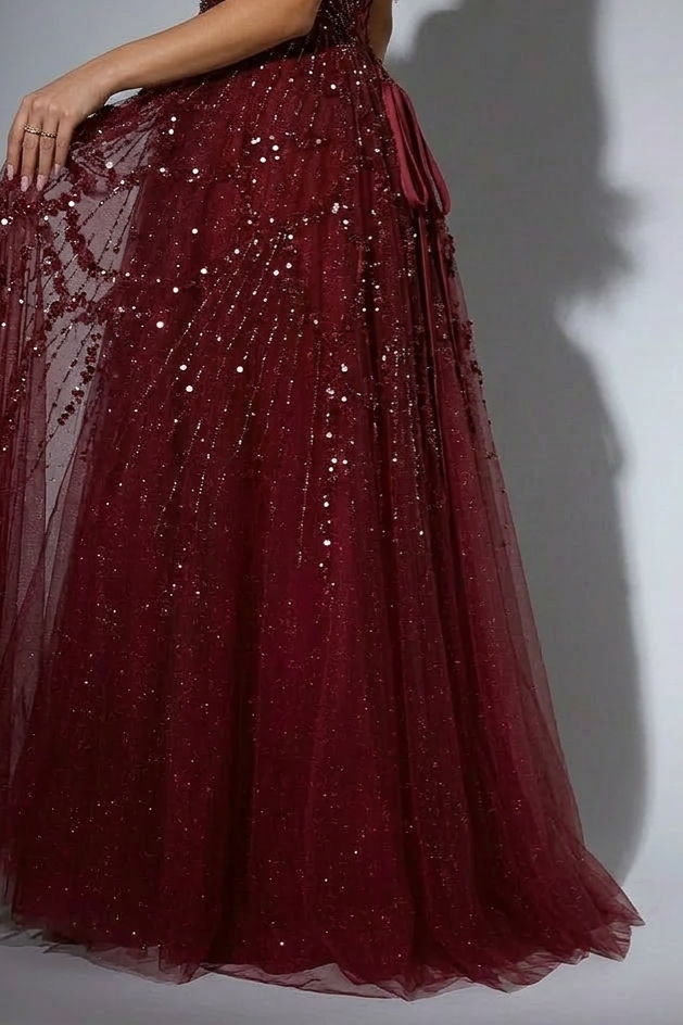 Gothic Burgundy Off-Shoulder Evening Gown - Strapless Glitter Dress - Pretty Sequin Dress with Feather Details Plus Size