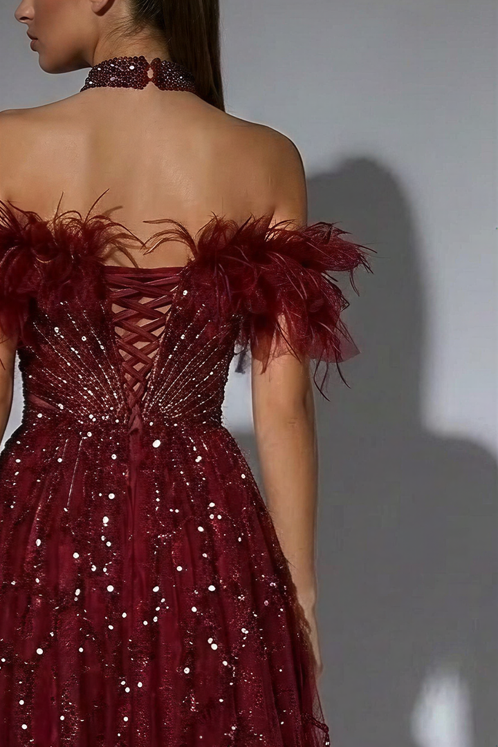 Gothic Burgundy Off-Shoulder Evening Gown - Strapless Glitter Dress - Pretty Sequin Dress with Feather Details Plus Size