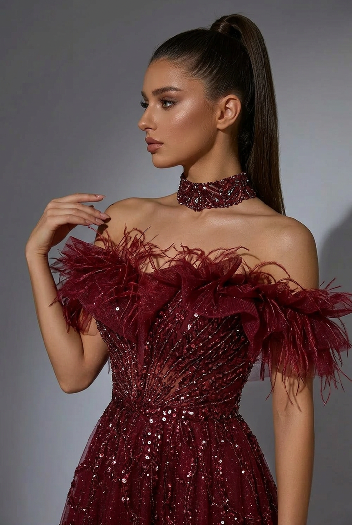 Gothic Burgundy Off-Shoulder Evening Gown - Strapless Glitter Dress - Pretty Sequin Dress with Feather Details Plus Size