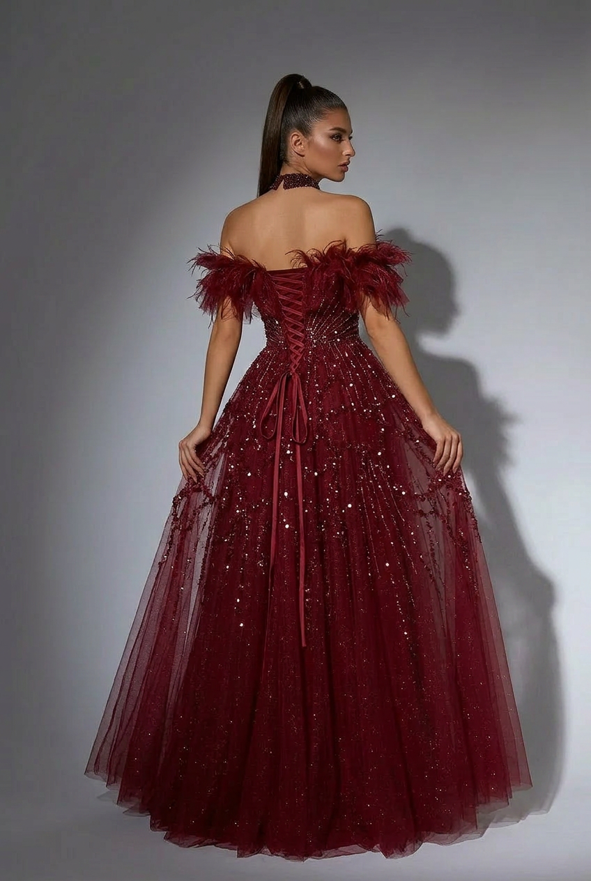 Gothic Burgundy Off-Shoulder Evening Gown - Strapless Glitter Dress