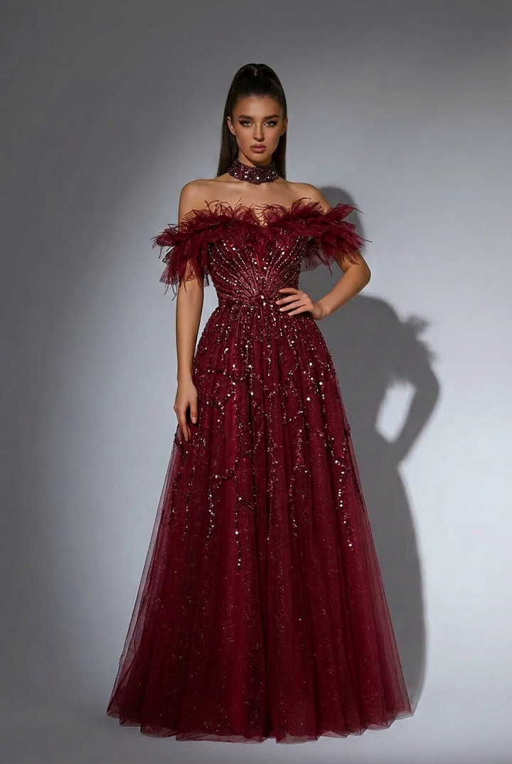 Gothic Burgundy Off-Shoulder Evening Gown - Strapless Glitter Dress - Pretty Sequin Dress with Feather Details Plus Size