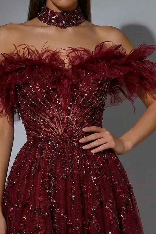 Gothic Burgundy Off-Shoulder Evening Gown - Strapless Glitter Dress - Pretty Sequin Dress with Feather Details Plus Size