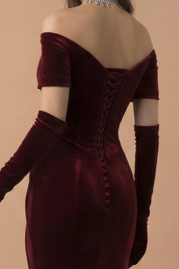 Gothic Burgundy Red Off-Shoulder Velvet Evening Gown - Red Evening Dress with Draped Skirt Plus Size Dress