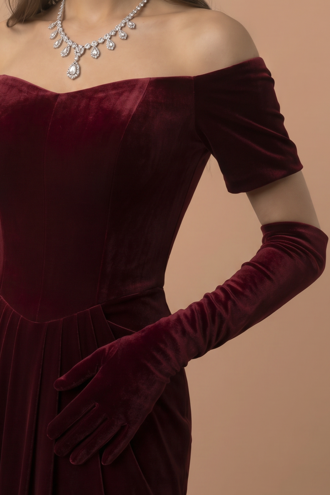 Gothic Burgundy Red Off-Shoulder Velvet Evening Gown - Red Evening Dress with Draped Skirt Plus Size Dress
