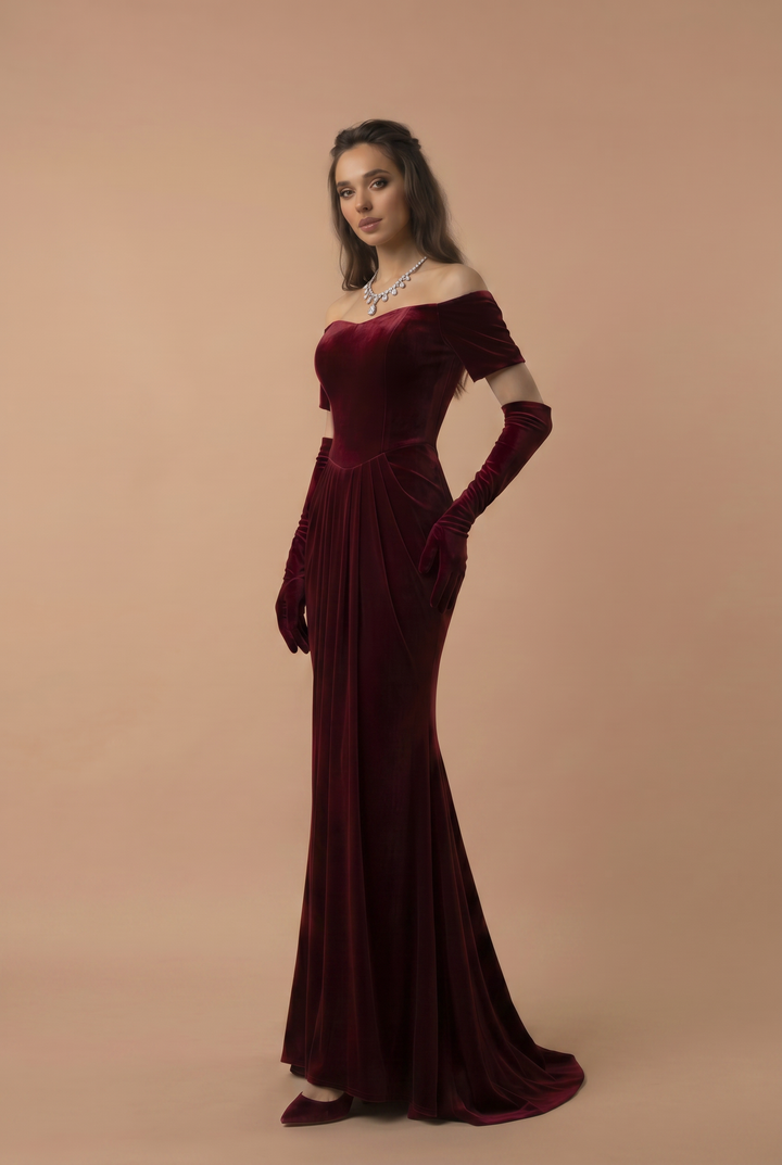 Gothic Burgundy Red Off-Shoulder Velvet Evening Gown - Red Evening Dress with Draped Skirt Plus Size Dress