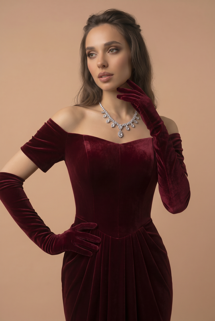 Gothic Burgundy Red Off-Shoulder Velvet Evening Gown - Red Evening Dress with Draped Skirt Plus Size Dress