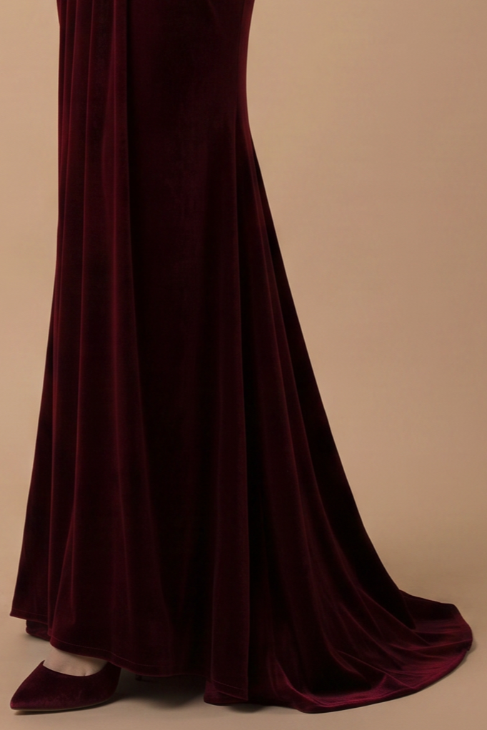 Gothic Burgundy Red Off-Shoulder Velvet Evening Gown - Red Evening Dress with Draped Skirt Plus Size Dress