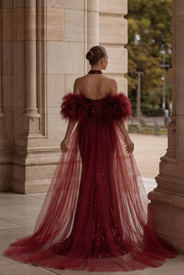 Gothic Burgundy Sequin Evening Dress with Feathered Sleeves - Gothic Red Evening Gown with TullePlus Size